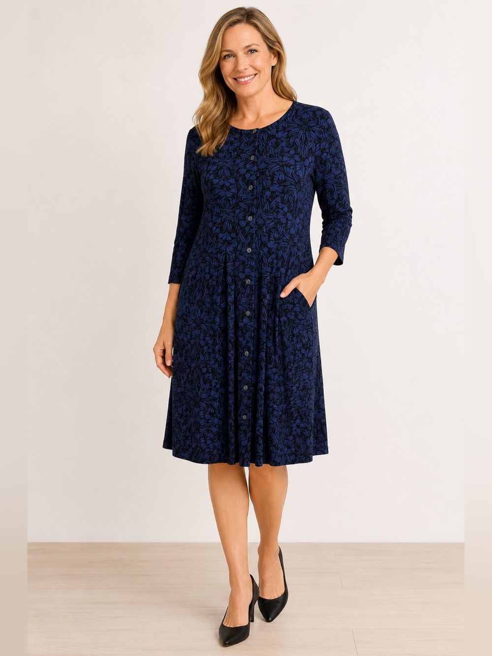 J.Jill Soft Knit Jersey Dress Size Medium Blue Black Print Pockets Button Front